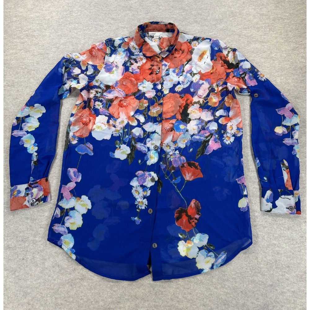Covet Blouse Shirt Womens S Blue Floral Sheer Long Sleeve Collared Button Front